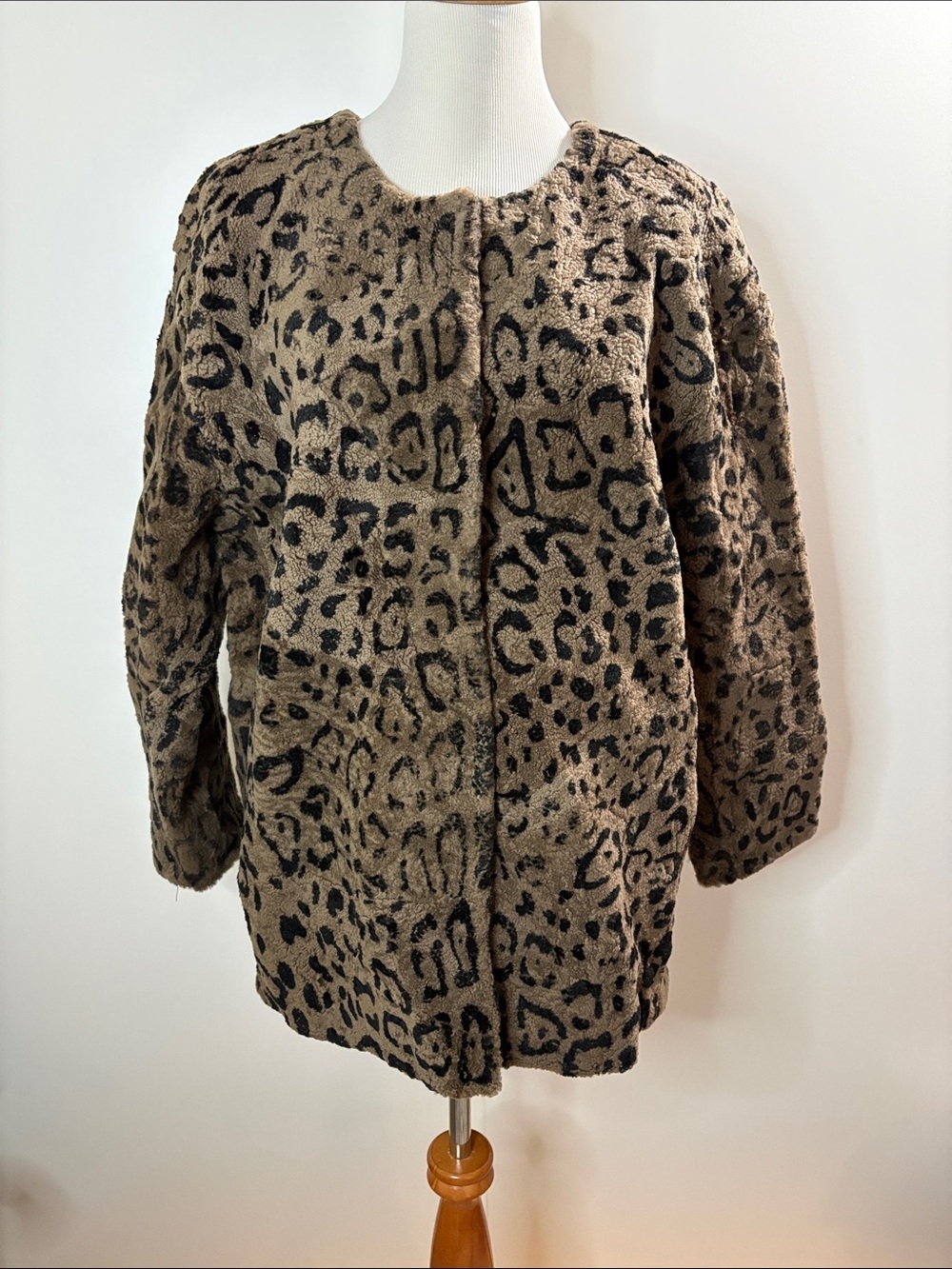 Rebecca Minkoff Brown & Black Leopard Teddy Jacket Leather Trim Snap Closure M/L